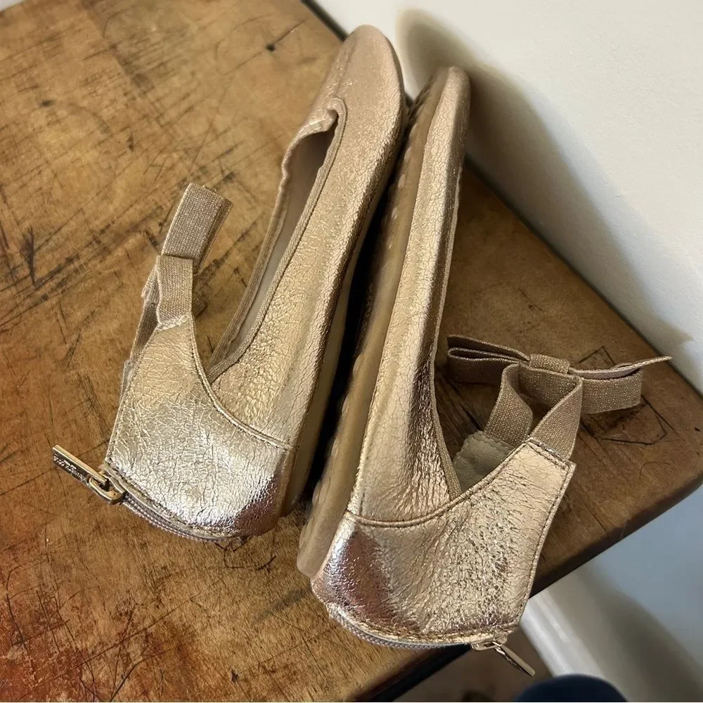 Kenneth Cole Rose Gold Metallic Ankle Strap Flats Shoes Bow Detail Girls 4.5